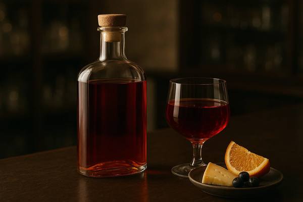 Бутылка и бокал с красным ликёром на столе с фруктами и сыром — тренд на десертные алкогольные напитки в России в 2025 году