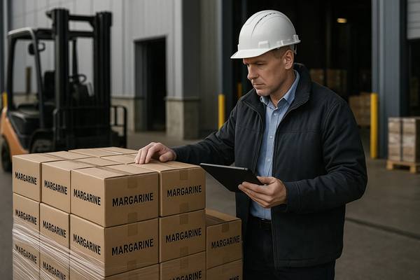 Логист проверяет поставку коробок с маргарином на складе — дистрибуция растительных жиров в цепочке поставок пищевой продукции