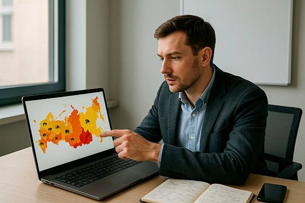 Аналитик e-commerce изучает карту России с данными по логистическим кластерам, спросу и маржинальности в региональных поставках для маркетплейсов