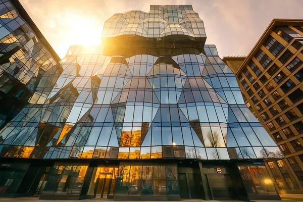 Современное офисное здание в Москве с отражающим фасадом на фоне заката