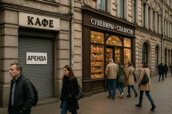 Закрытое кафе и действующий магазин сувениров на Невском проспекте в Санкт-Петербурге — отражение изменения структуры городского ритейла и спроса со стороны туристов