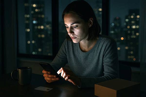 Женщина совершает онлайн-покупку ночью с помощью смартфона на фоне городских огней