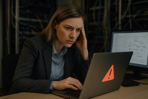 Специалист по кибербезопасности проверяет отчёт пентеста на фоне корпоративного офиса. На экране — предупреждение об уязвимости. Символика риска и неустранённых угроз.