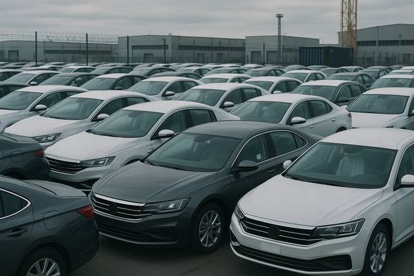Стоянка автодилера с сотнями новых автомобилей без номеров — переполненные склады в условиях падения спроса на рынке России