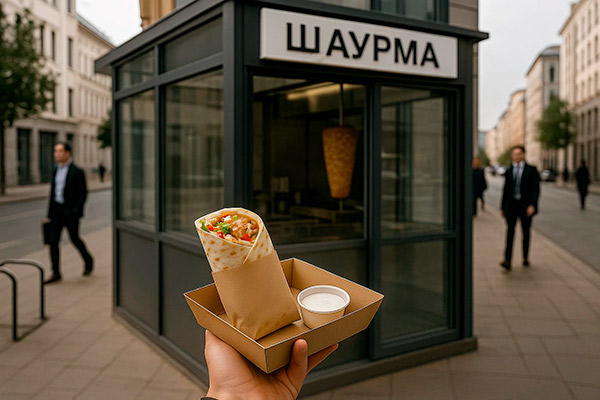 Посетители стоят у современной уличной точки с шаурмой премиального формата — сдержанный фирменный дизайн, открытая кухня, высокая проходимость