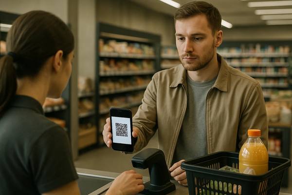 Кассир сканирует QR-код с телефона покупателя при продаже алкоголя в магазине