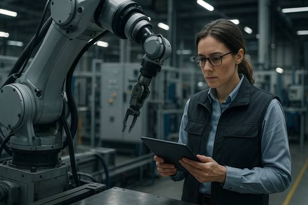 Инженер по робототехнике на производстве настраивает промышленного робота в логистическом или промышленном цеху