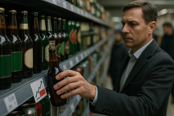 Покупатель в российском супермаркете выбирает бутылку пива на фоне ценников — рост цен на пиво в 2025 году
