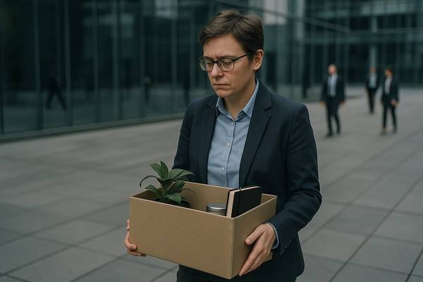 Сотрудник уходит с работы с коробкой личных вещей — символ сокращений на рынке труда в России в 2025 году
