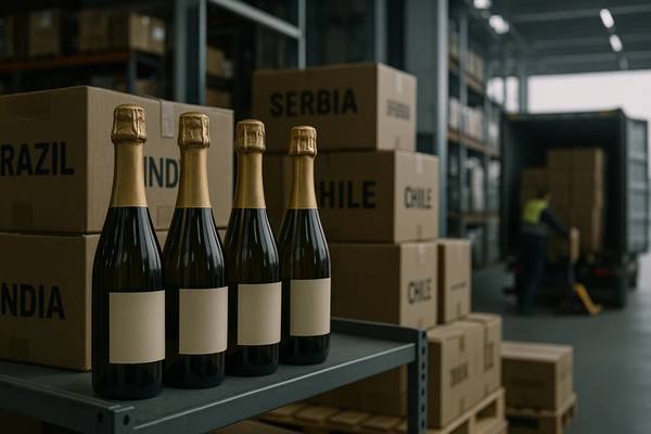 Игристое вино на складе с коробками из Бразилии, Индии, Сербии и Чили — новые поставщики на рынке России