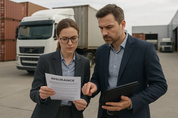 Представитель страховой компании консультирует клиента на фоне грузовиков в логистическом центре — страхование грузов в современных цепочках поставок