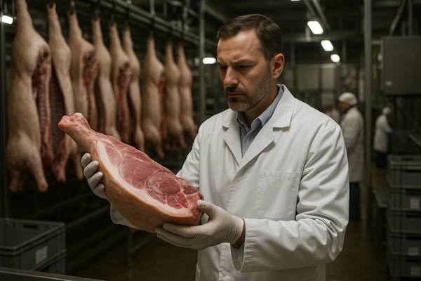 Технолог осматривает свиной окорок на мясоперерабатывающем предприятии в России