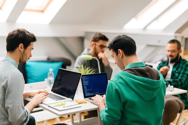 Команда разработчиков работает над внутренним IT-продуктом в офисе компании