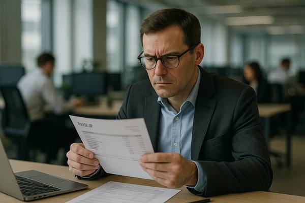 Офисный сотрудник среднего звена сидит за столом и смотрит на распечатку с зарплатным листом
