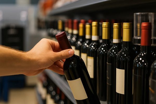 Ряды бутылок с алкоголем на складе или в распределительном центре, отражающие рост алкорынка и усложнение логистических цепочек поставок в России к 2029 году