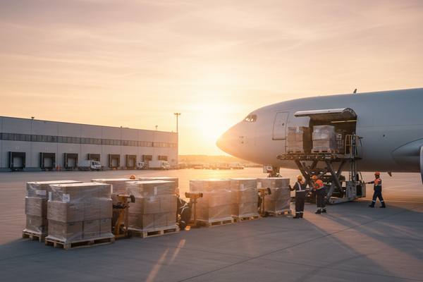 Аэропорт с грузовым самолетом на фоне заката — визуальный акцент на авиадоставке как части цепочки поставок с потенциальными скрытыми издержками