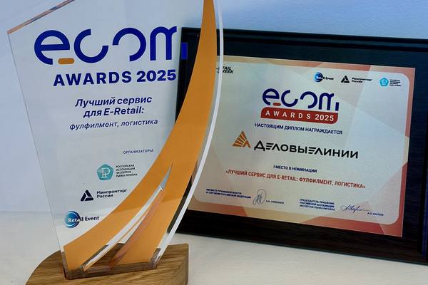 Награда и диплом премии ECOM Awards 2025, вручённые компании «Деловые Линии» за лучший логистический сервис для e-commerce: фулфилмент и доставка