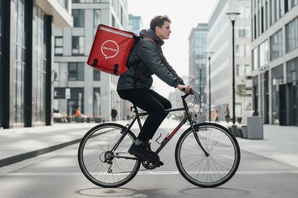 Курьер с термопакетом доставляет еду на фоне города — символ изменений в рынке доставки еды в России