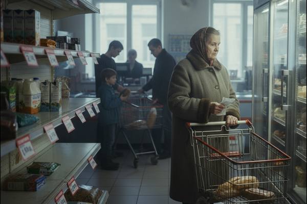 Покупатель выбирает товары на фоне полупустых стеллажей супермаркета — символ изменения потребительского спроса и логистических вызовов в ритейле