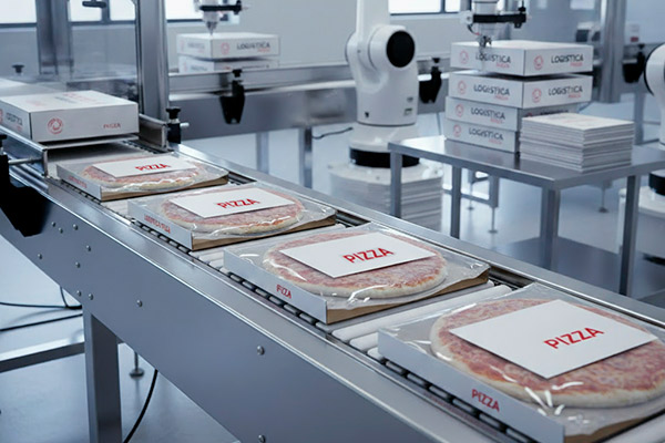 Фабрика по производству замороженной пиццы с конвейером, на котором укладываются продукты — иллюстрация новой инвестиционной стратегии мясопереработчиков
