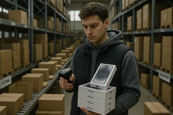 Сотрудник склада сканирует коробку с новым iPhone на фоне стеллажей маркетплейса — визуализация логистического всплеска после запуска флагманского смартфона