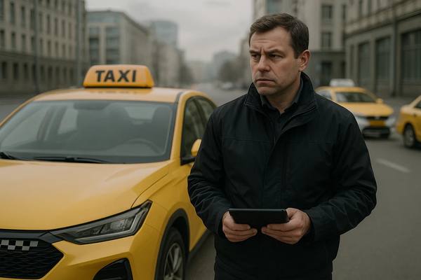 Российский водитель такси у новой модели Lada Vesta на фоне городского пейзажа. Символизирует переход от иностранных машин к локализованным автомобилям в сегменте такси в России.