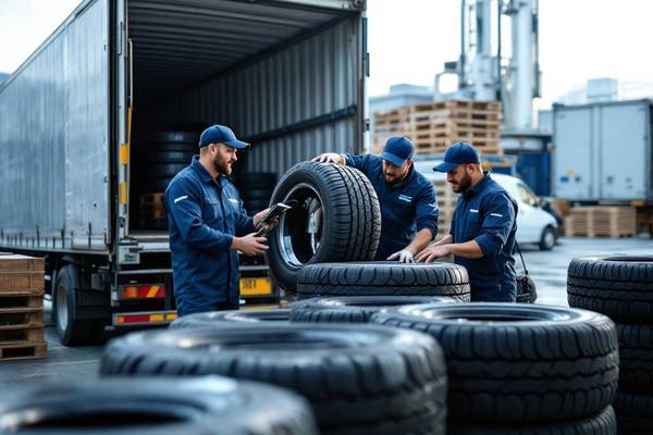 Погрузка автомобильных шин в фургон на логистическом складе в осенний сезон