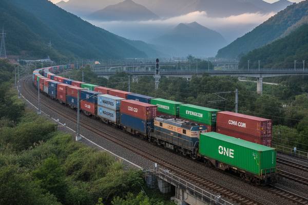 Контейнерный поезд на фоне пейзажа Восточной Азии символизирует рост грузоперевозок из России в Китай, Индию и страны СНГ — тренд усиления восточного вектора логистики