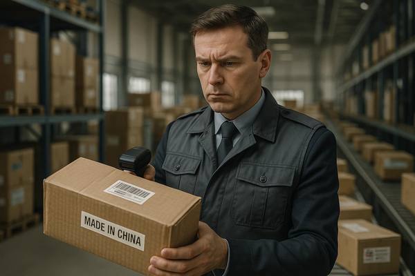 Таможенник проверяет международную посылку на фоне склада — символ трансграничного контроля и введения НДС на онлайн-заказы