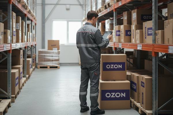 Сотрудник склада проверяет заказы Ozon среди стеллажей с коробками — рост комиссий и логистических затрат на маркетплейсе меняет стратегии продавцов