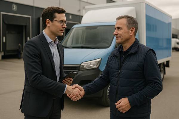 Грузовик с логотипом Ozon на фоне складского комплекса — символ партнёрства и логистических инноваций