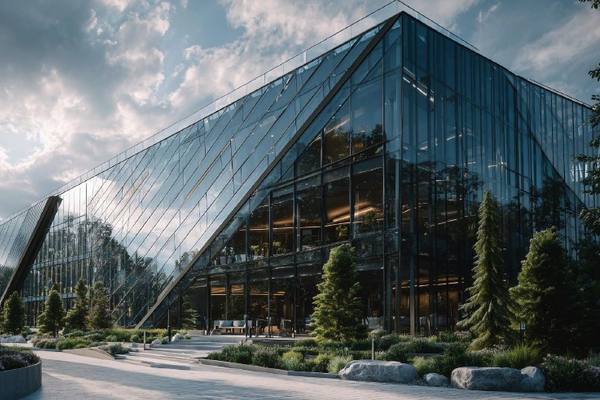 Современное офисное здание со стеклянным фасадом — пример объекта, включенного в портфель розничных ЗПИФов недвижимости в 2025 году
