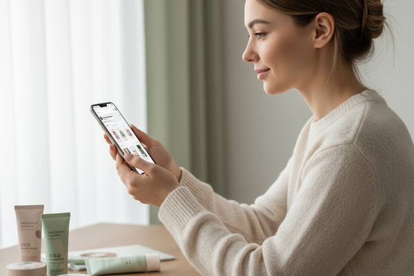 Молодая женщина выбирает российскую косметику в онлайн-магазине на ноутбуке. На фоне — продукция локальных брендов и элементы домашнего интерьера.