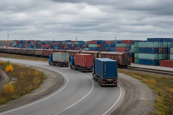 Стационарные контейнеры и движущиеся фуры на фоне логистического терминала — переход от железнодорожных перевозок к автотранспорту в России в 2025 году