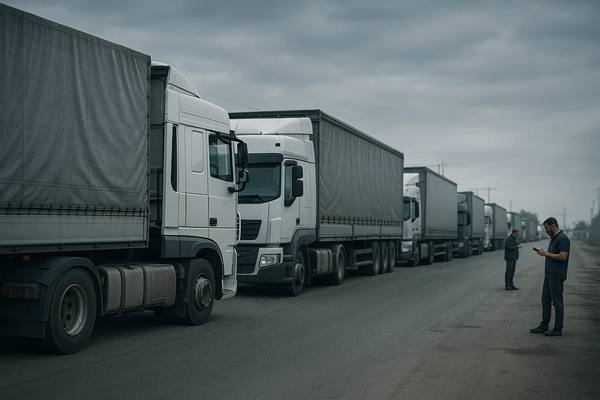 Грузовики на трассе в России на фоне пасмурного неба — символ текущей стагнации в сегменте автоперевозок
