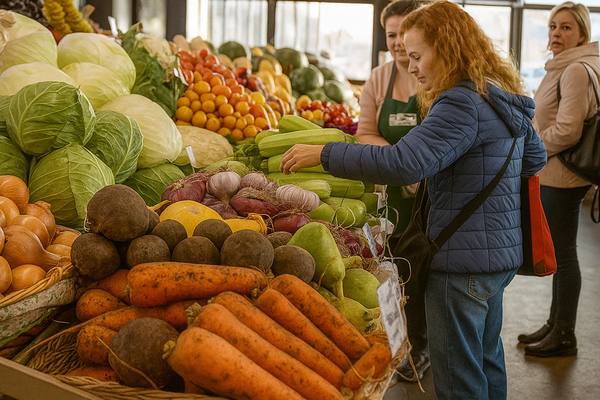 Покупатели выбирают овощи на рынке — сезонная торговля и потребительский спрос в условиях ценовой волатильности