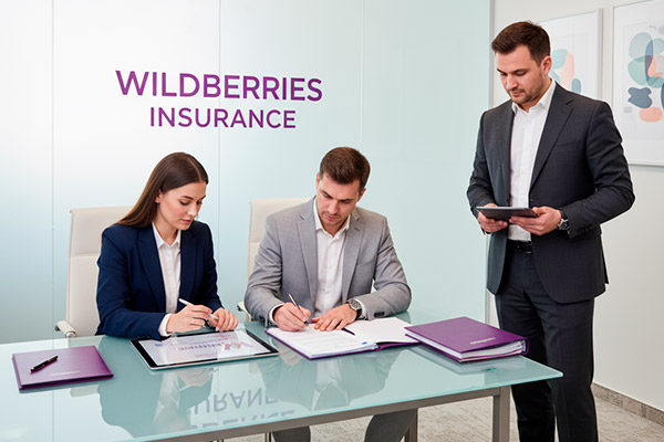 Офис Wildberries, символический баннер с надписью «страхование», цифровой интерфейс маркетплейса на фоне.