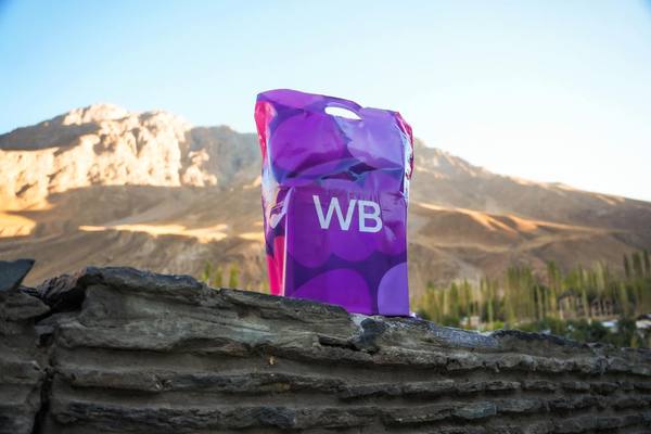 Фирменный пакет Wildberries на фоне гор Памира рядом с Хорогом — самый высокогорный ПВЗ маркетплейса в СНГ