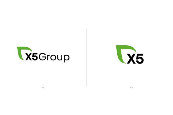 Сравнение старого и нового логотипа компании X5: отказ от названия X5 Group в пользу лаконичного X5 в рамках корпоративного ребрендинга 2025 года