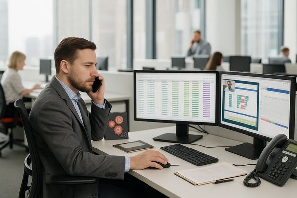 Сотрудник использует аналитическую платформу «Барометр контракта» X5 Group на рабочем месте с двумя мониторами