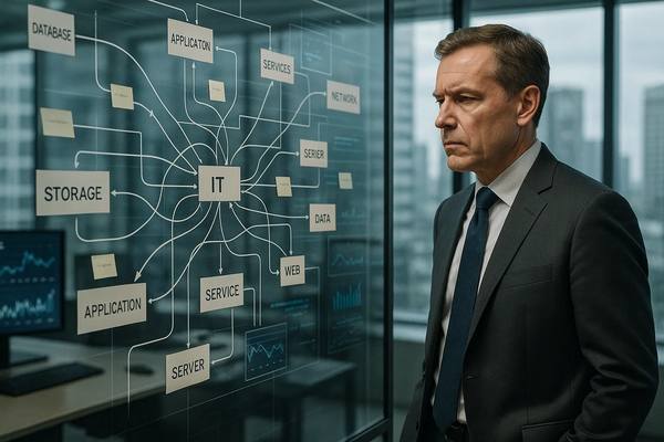 Графическое изображение фрагментированной ИТ-архитектуры компании: множество несвязанных систем и интерфейсов, символизирующих потерю управляемости и дублирование функций