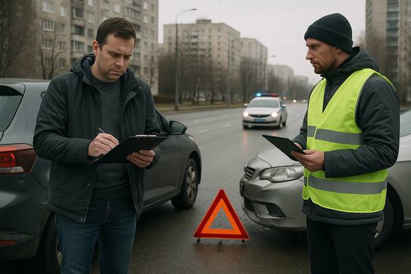 Водитель и аварийный комиссар заполняют документы после ДТП на городской дороге, аварийный треугольник и повреждённые автомобили на фоне — иллюстрация рисков при взаимодействии с посредниками