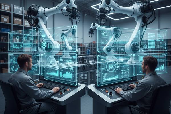 Современный производственный центр Айсорс в Москве, сотрудники работают с промышленным оборудованием и цифровыми системами автоматизации