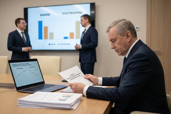 Руководитель на совещании изучает отчёт с графиками, на экране за спиной коллеги обсуждают диаграмму «банки и платформы», иллюстрация к статье о регулировании скидок и финансовых продуктов маркетплейсов ЦБ