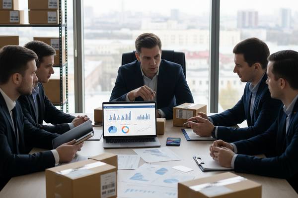 Переговоры топ-менеджеров в офисе: деловое совещание по стратегиям маркетплейса и банков, на столе ноутбук с графиками и коробки интернет-заказов