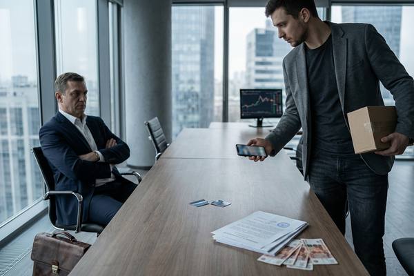 Деловой конфликт между представителем банка и онлайн-продавцом в офисе — на столе документы, кредитные карты и наличные, символизирующие спор о субсидиях и платёжных системах