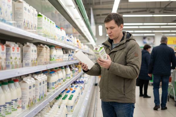 Покупатель в супермаркете на молочной полке сравнивает упаковки обычного и безлактозного молока, иллюстрация к статье о росте рынка безлактозной продукции и её влиянии на логистику