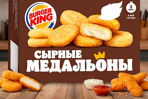 Упаковка замороженных сырных медальонов Burger King на фоне деревянной поверхности с соусами