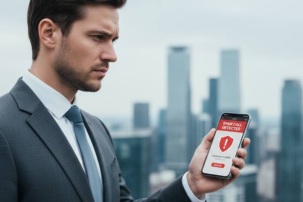 Современный офисный сотрудник, получающий спам-звонок на фоне цифрового интерфейса с иконками телефонии, маркировки и аналитики