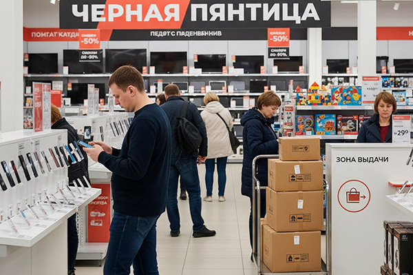 Покупатели в российском магазине электроники во время распродажи Черная пятница, спокойный зал, витрины со смартфонами и зона выдачи онлайн-заказов с коробками, иллюстрация к исследованию T-Pay о тратах россиян